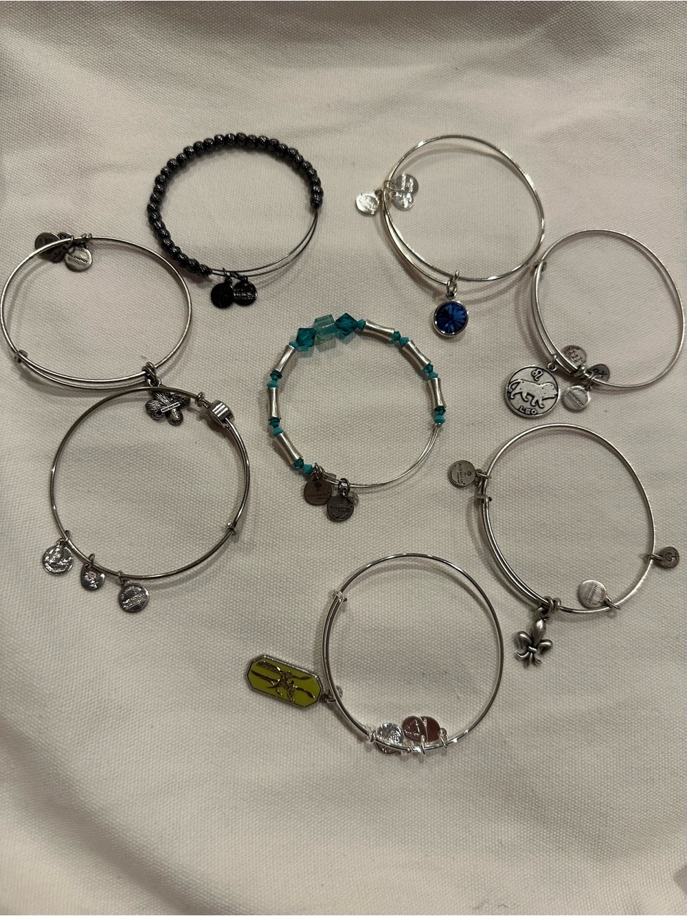 Alex and Ani Silver-Tone Charm Bangle Set with Teal and Blue Accents